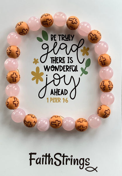 Christian Gift Pink & Wood Beaded Acrylic Stretch Bracelet