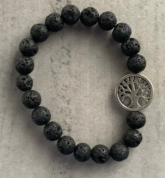 Christian Gift Lava Bead Bracelet Black Tibetan Silver Family Tree Faithstrings