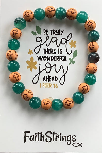 Christian Gift Stretch Beaded Green Acrylic & Wood Bracelet
