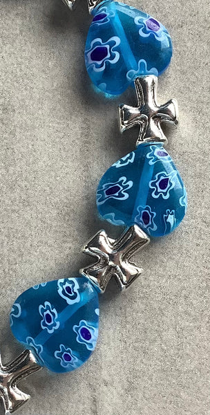 Millefiori Glass Beaded Stretch Bracelet Blue Cross Christian Gift - Love Conquers