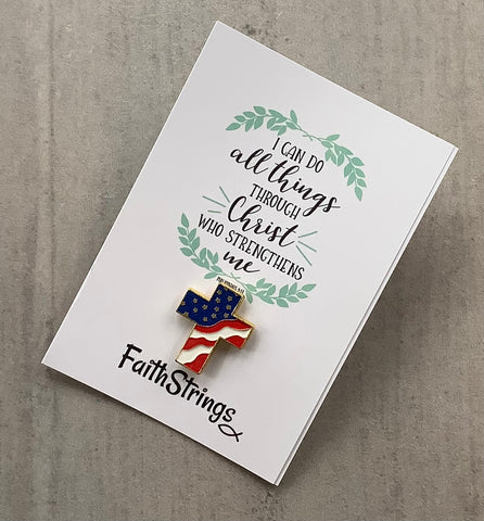 Christian Gift Cross Stars & Stripes American Flag Pin Badge Faithstrings