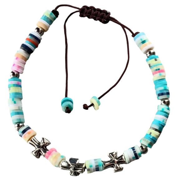 Silver Tibetan Cross bead multicolour polymer slip knot bracelet Faithstrings Christian gift 🎁