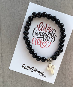Christian Gift 🎁 Black synthetic Bead Stretch Bracelet with dangle cross charm