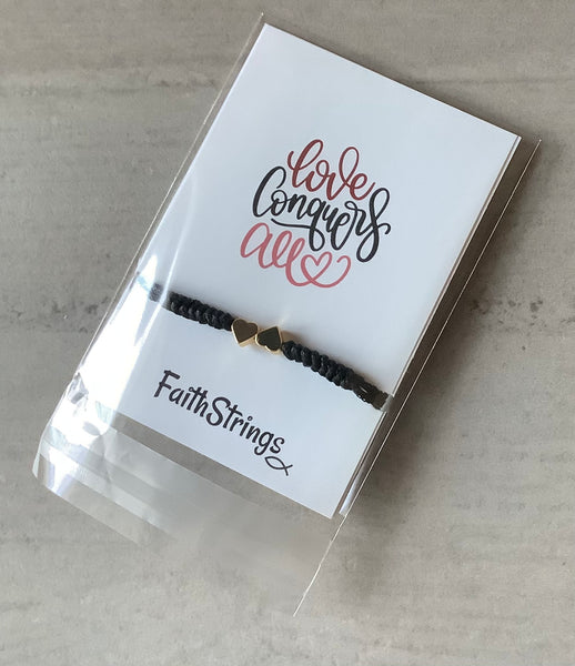 Slip knot bracelet black cord gold colour heart Christian Faithstrings 💕