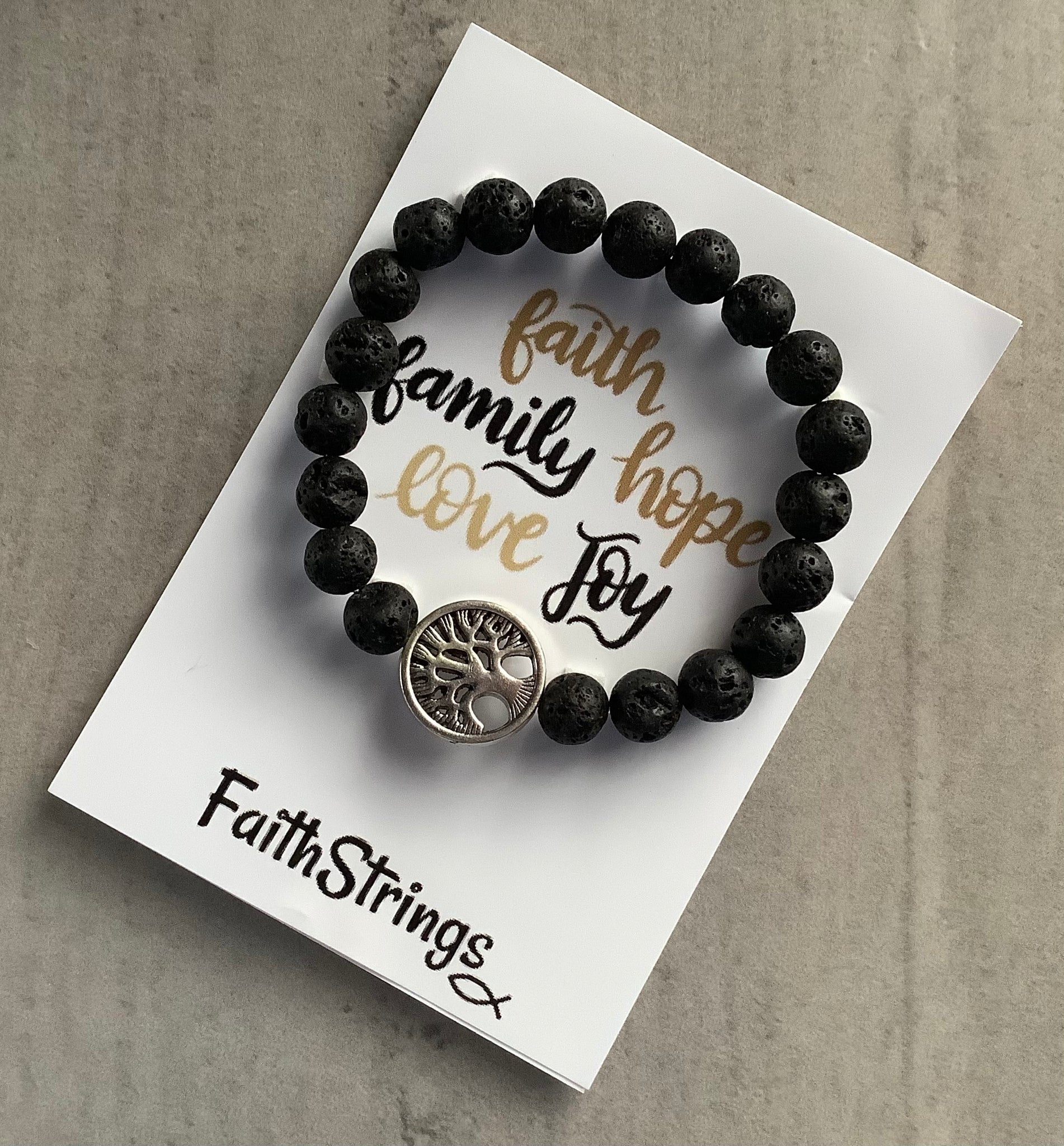 Christian Gift Lava Bead Bracelet Black Tibetan Silver Family Tree Faithstrings