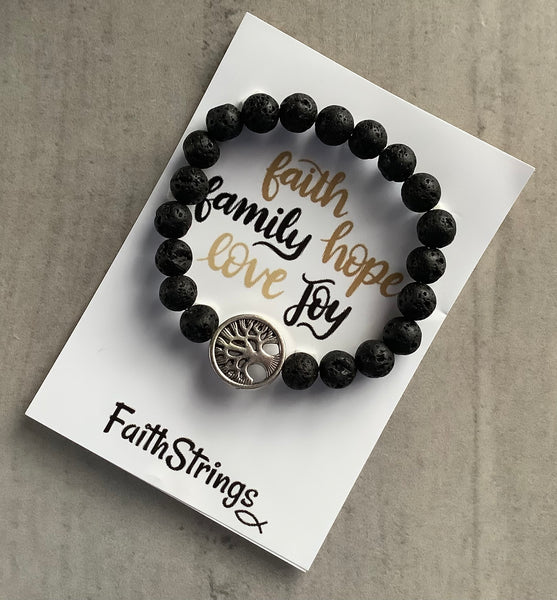 Christian Gift Lava Bead Bracelet Black Tibetan Silver Family Tree Faithstrings