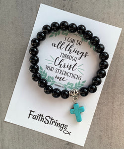 Christian Gift Black synthetic Bead Stretch Bracelet with dangle cross charm