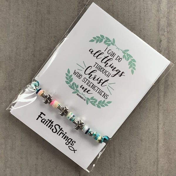 Silver Tibetan Cross bead multicolour polymer slip knot bracelet Faithstrings Christian gift 🎁