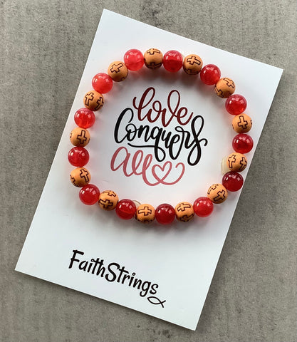 Christian Gift Red & Wood Beaded Acrylic Stretch Bracelet