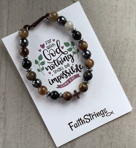 Tigers Eye Slip Knot Bead Bracelet Christian Gift Cross God Faithstrings