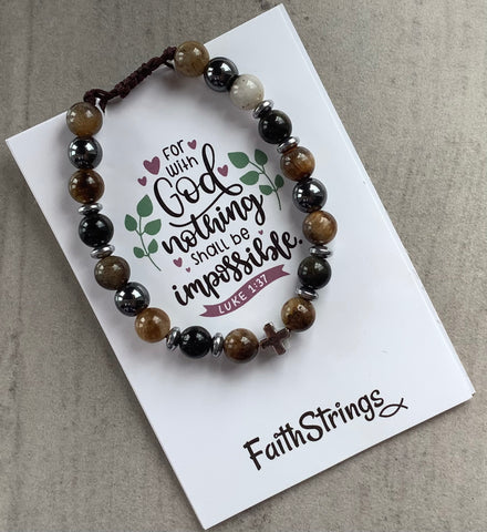 Tigers Eye Slip Knot Bead Bracelet Christian Gift Cross God Faithstrings