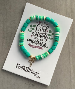 Stretch green polymer bead bracelet Faithstrings Christian Gift Cross Charm God Faith