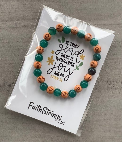 Christian Gift Stretch Beaded Green Acrylic & Wood Bracelet