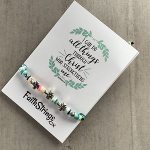 Silver Tibetan Cross bead multicolour polymer slip knot bracelet Faithstrings Christian gift 🎁