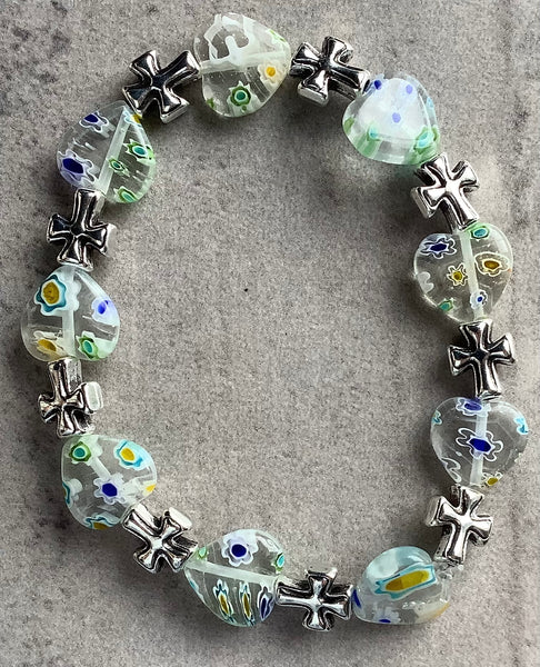 Millefiori Glass Beaded Stretch Bracelet White Cross Christian Gift - Light Shines