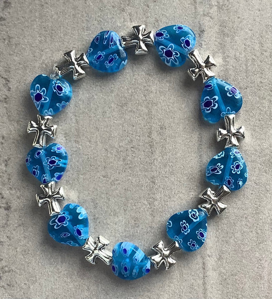 Millefiori Glass Beaded Stretch Bracelet Blue Cross Christian Gift - Love Conquers