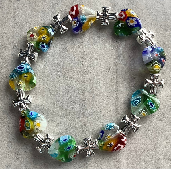Millefiori Glass Beaded Stretch Bracelet Multicolopured Cross Christian Gift - God Infinite