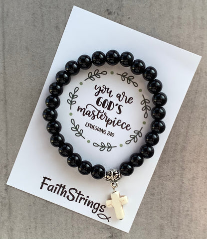 Christian Gift 🎁 Black synthetic Bead Stretch Bracelet with dangle cross charm