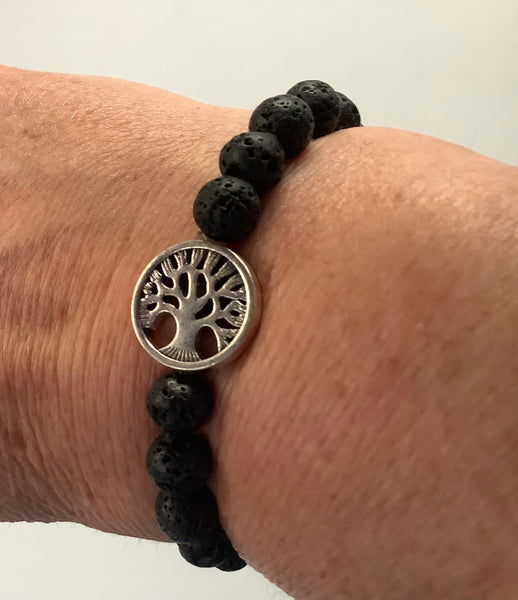 Christian Gift Lava Bead Bracelet Black Tibetan Silver Family Tree Faithstrings