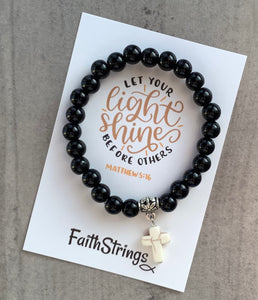 Christian Gift 🎁 Black synthetic Bead Stretch Bracelet with dangle cross charm