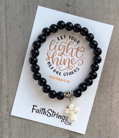 Christian Gift 🎁 Black synthetic Bead Stretch Bracelet with dangle cross charm