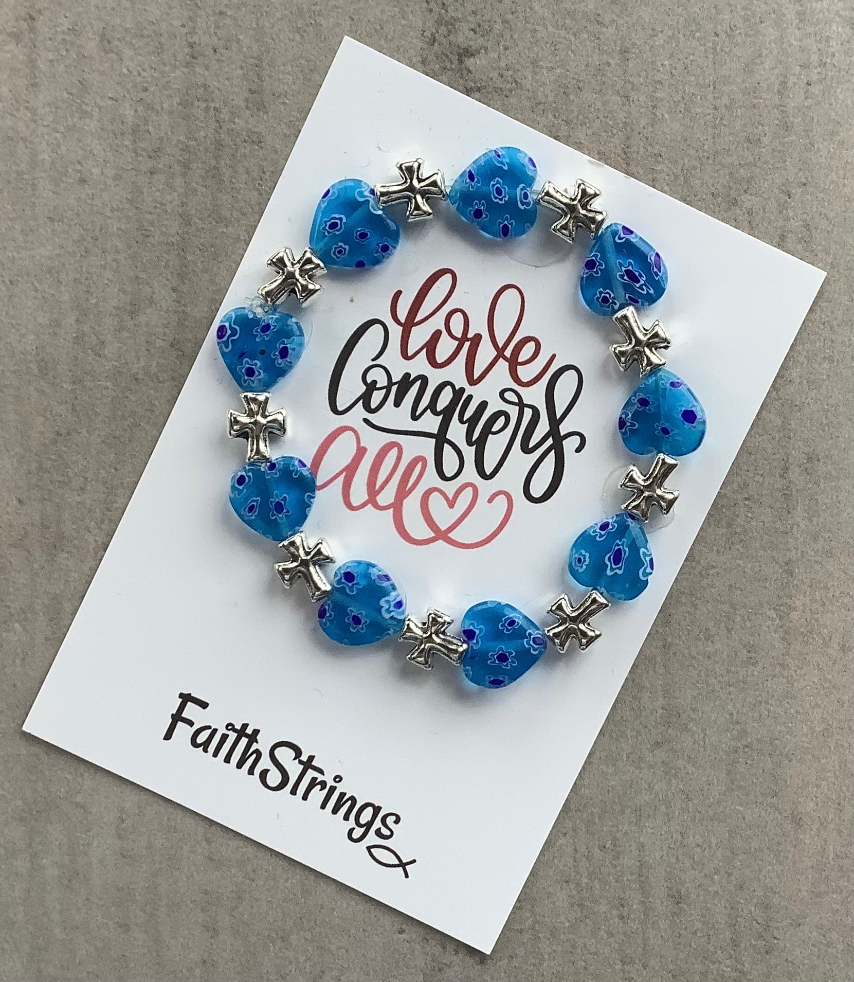 Millefiori Glass Beaded Stretch Bracelet Blue Cross Christian Gift - Love Conquers