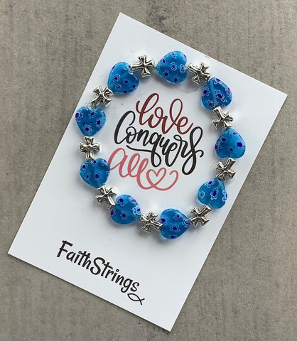 Millefiori Glass Beaded Stretch Bracelet Blue Cross Christian Gift - Love Conquers
