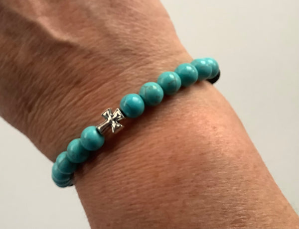 Christian Gift Cross Turquoise & Lava Bead Stretch Bracelet Faithstrings God Impossible