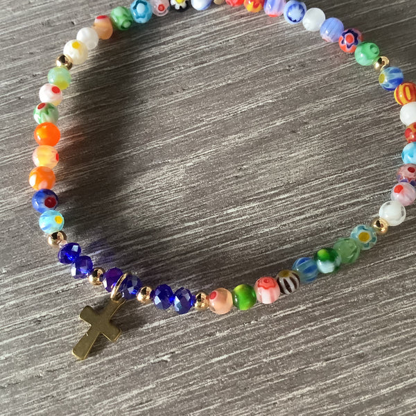 Christian Gift Millefiori Glass Beaded Bracelet Gold Cross God Love Jesus Religion