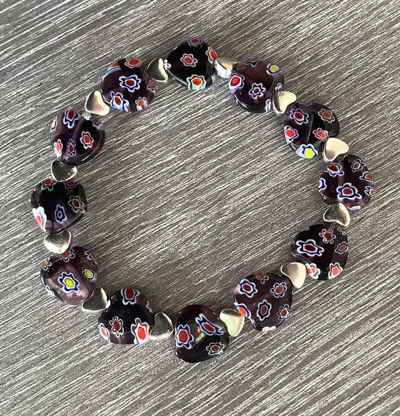 Millefiori Glass Beaded Stretch Bracelet Purple Heart ❤️ Christian Gift - Christ all things