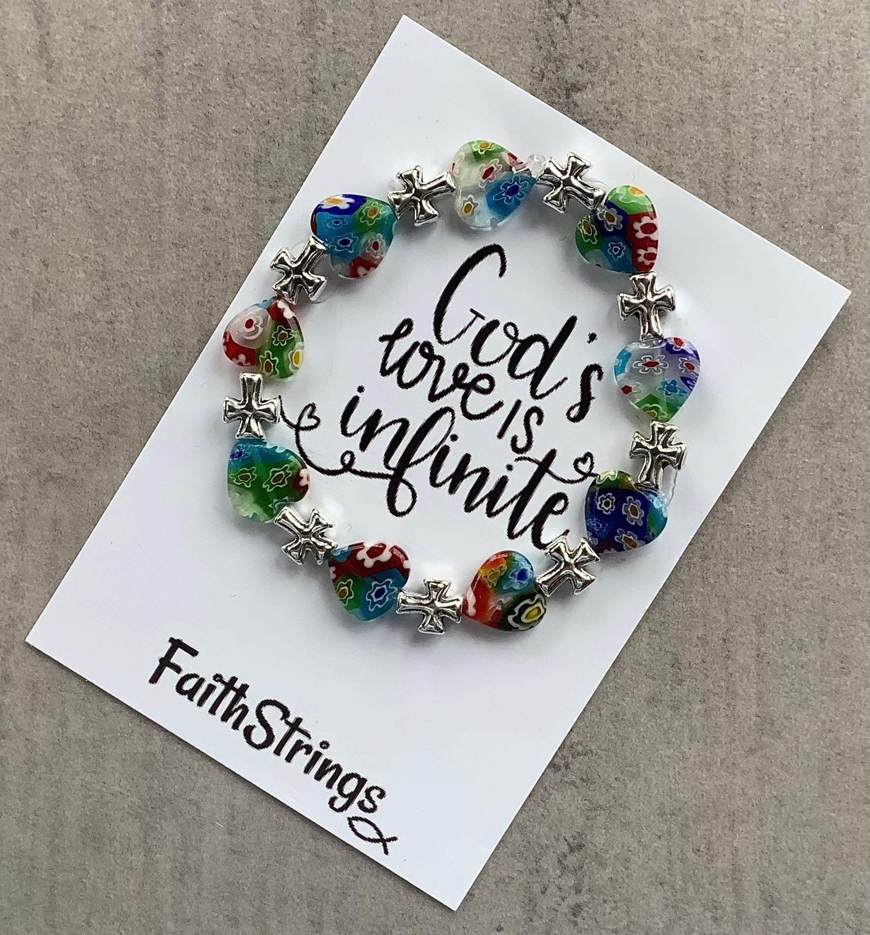 Millefiori Glass Beaded Stretch Bracelet Multicolopured Cross Christian Gift - God Infinite