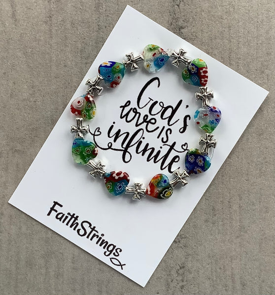 Millefiori Glass Beaded Stretch Bracelet Multicolopured Cross Christian Gift - God Infinite