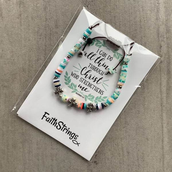 Silver Tibetan Cross bead multicolour polymer slip knot bracelet Faithstrings Christian gift 🎁