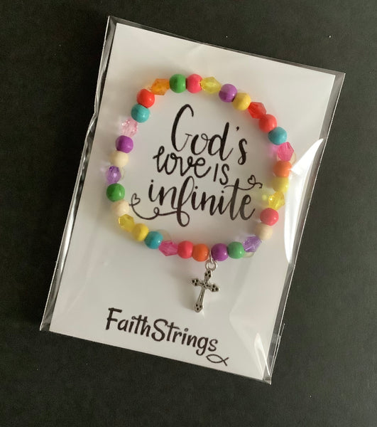 Christian Gift Beaded Acrylic Tibetan SIlver Cross Charm Bracelet multi-colour Faithstrings