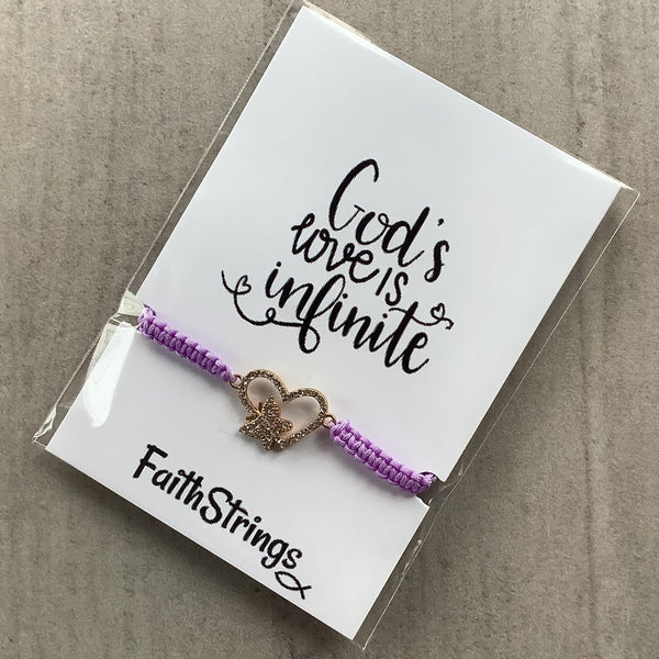 Heart slip knot cord bracelet purple Faithstrings Christian gift female 