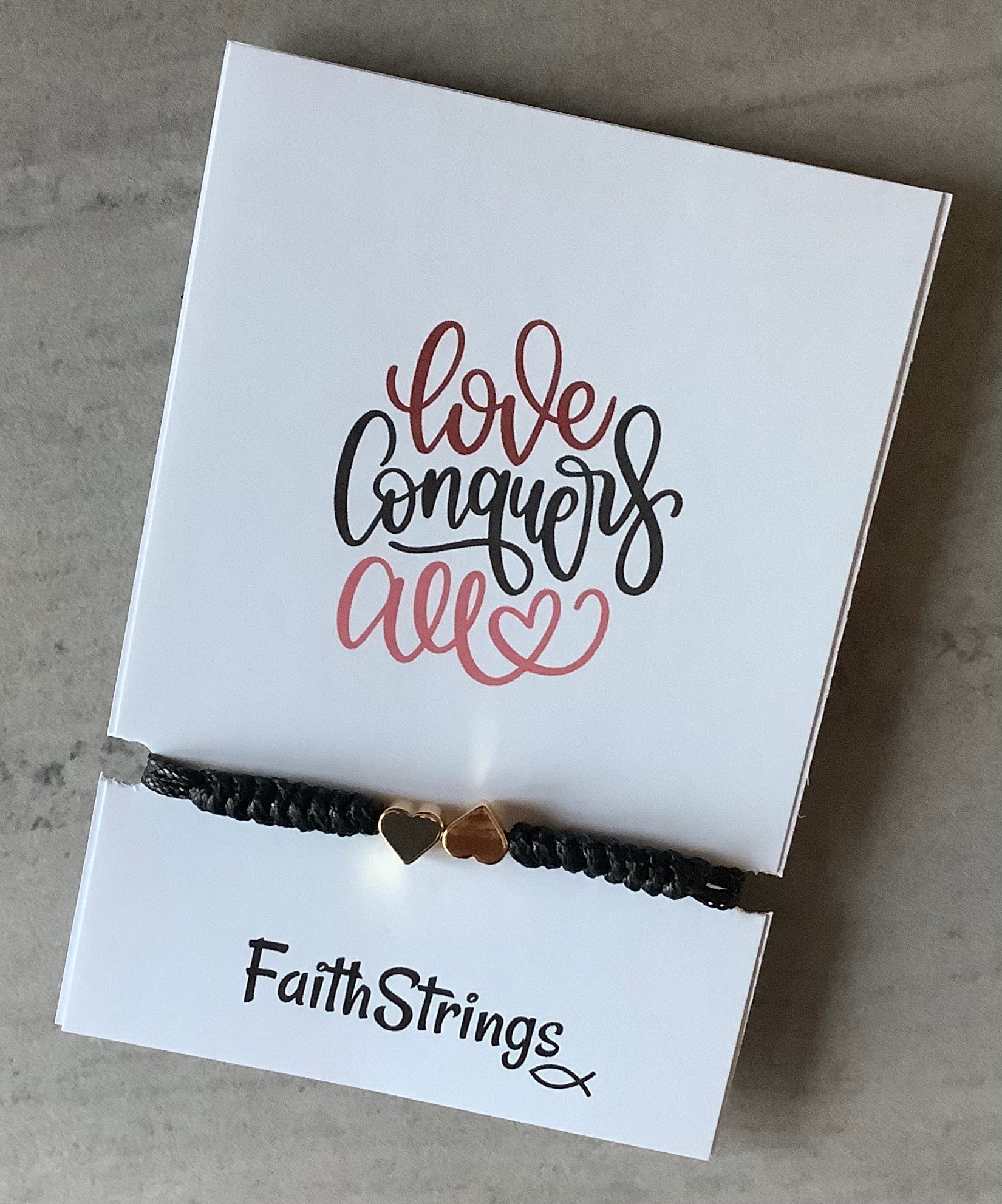 Slip knot bracelet black cord gold colour heart Christian Faithstrings 💕