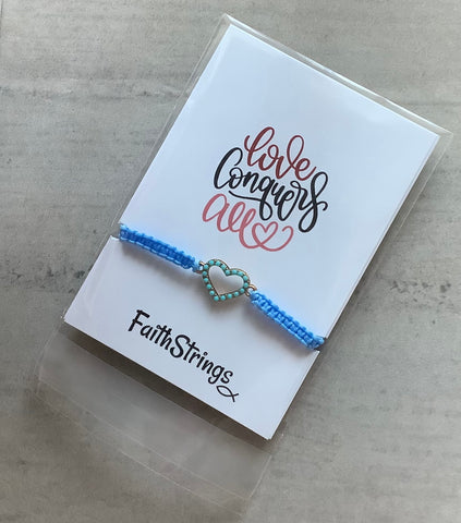 Christian gift heart blue slip knot cord bracelet Faithstrings 