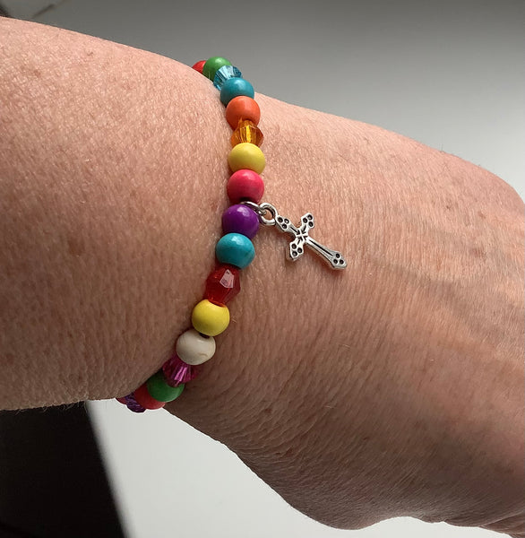 Christian Gift Beaded Acrylic Tibetan SIlver Cross Charm Bracelet multi-colour Faithstrings