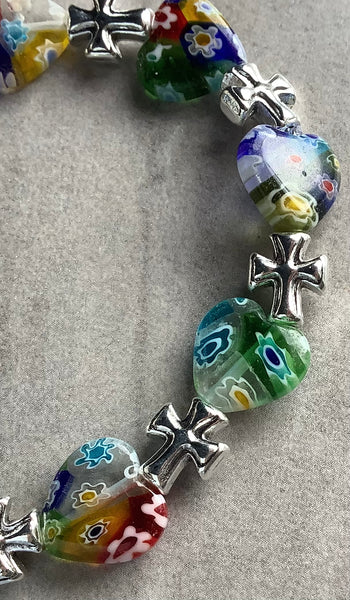 Millefiori Glass Beaded Stretch Bracelet Multicolopured Cross Christian Gift - God Infinite