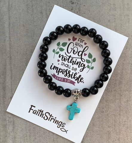 Christian Gift 🎁 Black synthetic Bead Stretch Bracelet with dangle cross charm