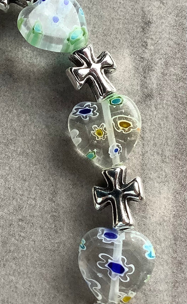 Millefiori Glass Beaded Stretch Bracelet White Cross Christian Gift - Light Shines