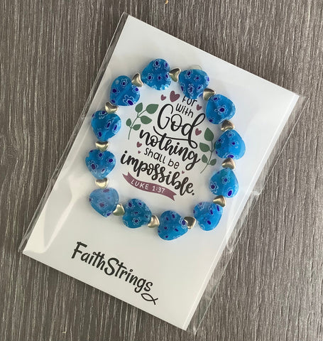 Christian Gift Millefiori Glass Beaded Bracelet Heart ❤️ Blue - Wholesale
