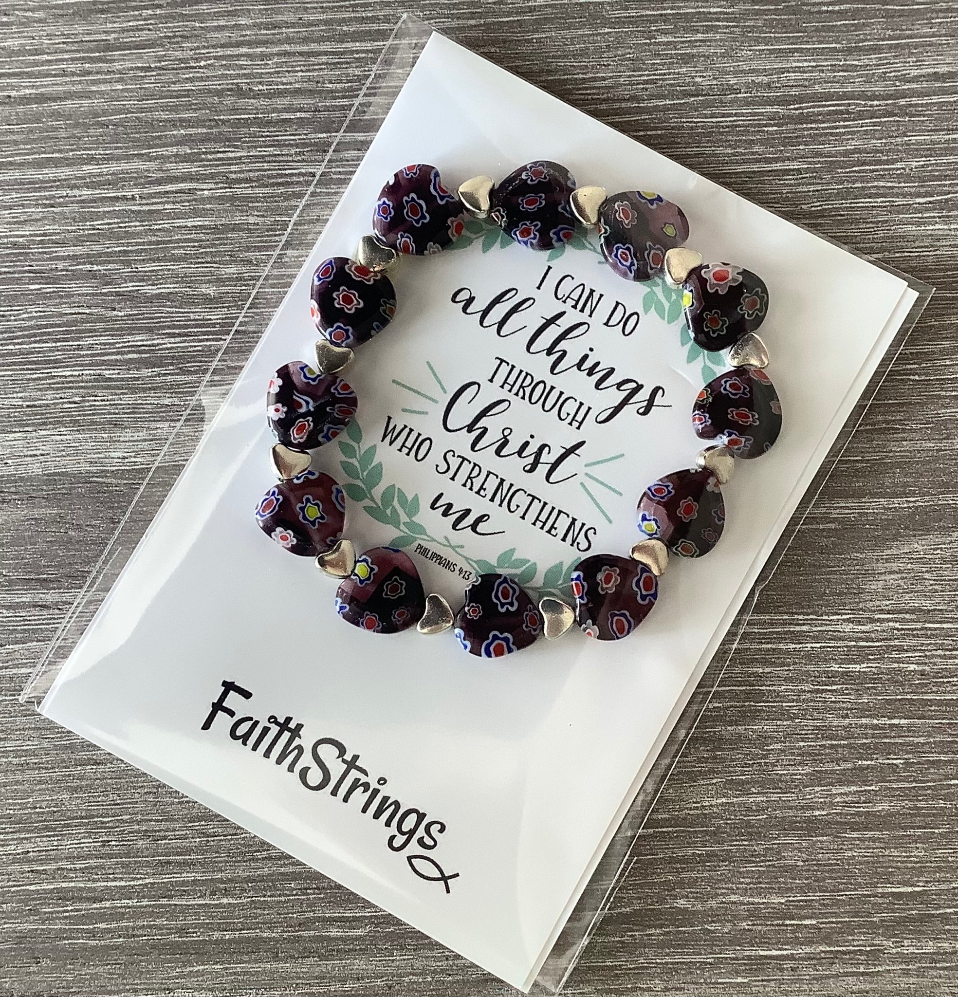 Millefiori Glass Beaded Stretch Bracelet Purple Heart ❤️ Christian Gift - Christ all things