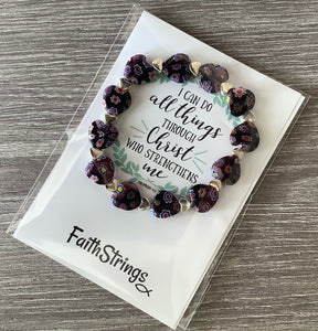 Millefiori Glass Beaded Stretch Bracelet Purple Heart ❤️ Christian Gift - Christ all things