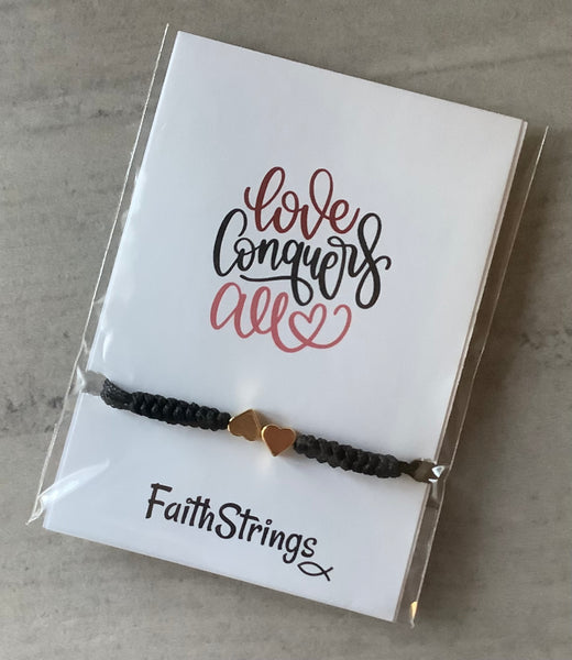 Slip knot bracelet black cord gold colour heart Christian Faithstrings 💕