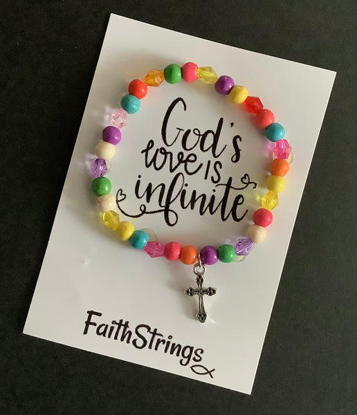 Christian Gift Beaded Acrylic Tibetan SIlver Cross Charm Bracelet multi-colour Faithstrings