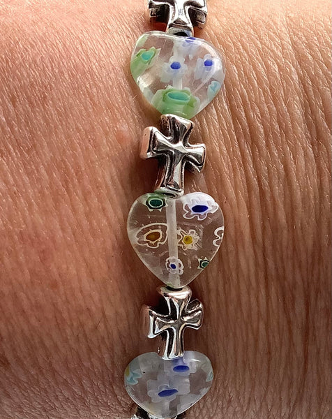 Millefiori Glass Beaded Stretch Bracelet White Cross Christian Gift - Light Shines