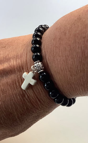 Christian Gift 🎁 Black synthetic Bead Stretch Bracelet with dangle cross charm