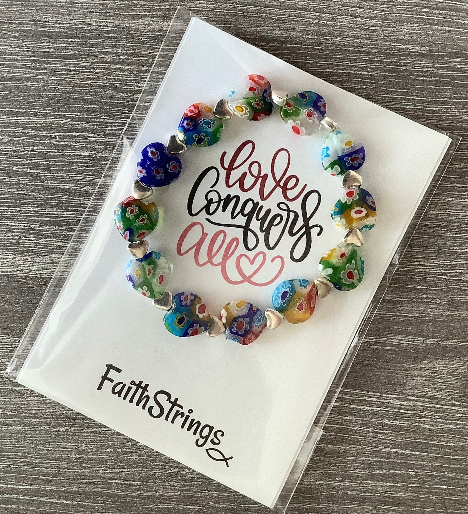 Millefiori Glass Beaded Stretch Bracelet Multicoloured Heart ❤️ Christian Gift 🎁 Love