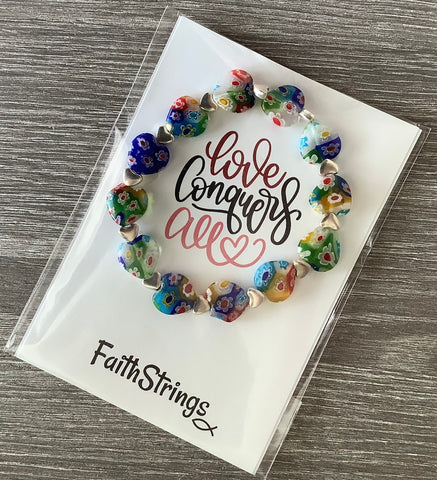 Christian Gift Millefiori Glass Beaded Bracelet Heart ❤️ Love God Religion